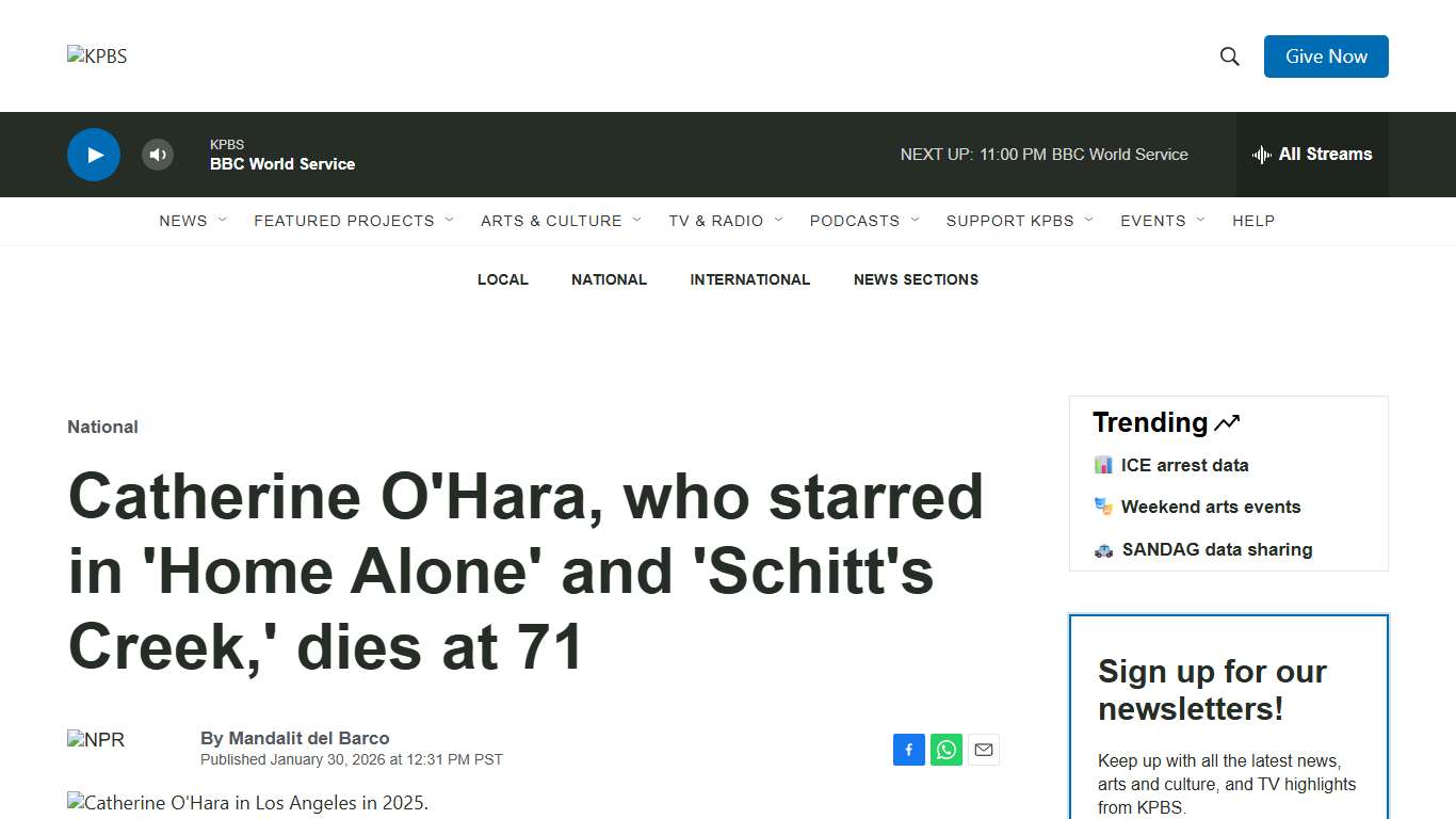 Catherine O'Hara, who starred in 'Home Alone' and 'Schitt's Creek,' dies at 71 KPBS Public Media