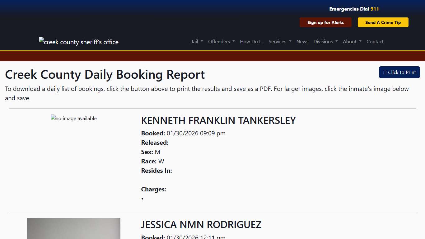 Daily Booking Report Creek County Sheriff's Office